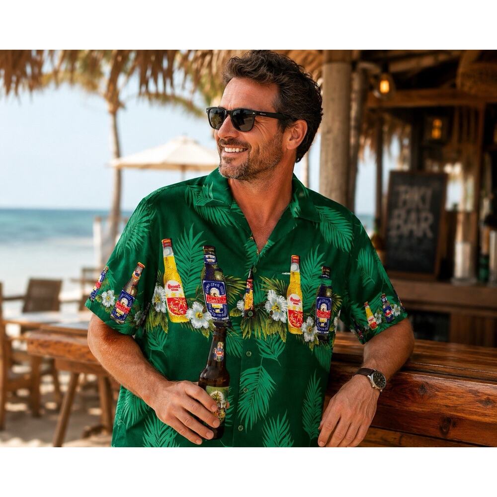 Pacific & Co Hawaiian Shirt Men’s Size S Green Tropical Beer Print